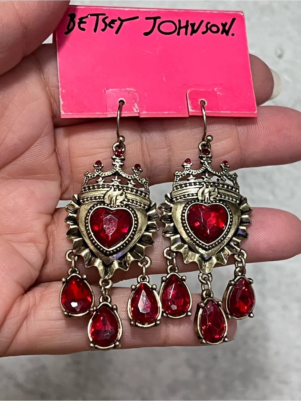 Betsey Johnson Gold-Tone Crown Heart Dangle Earrings with Red Stones